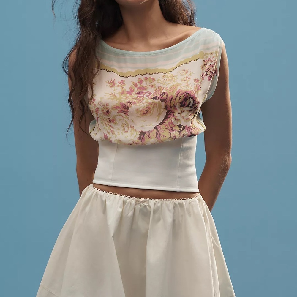 Anthropologie Floral Scarf-Print Sleeveless Crop Top — Pastel Pink, Cream, Mint